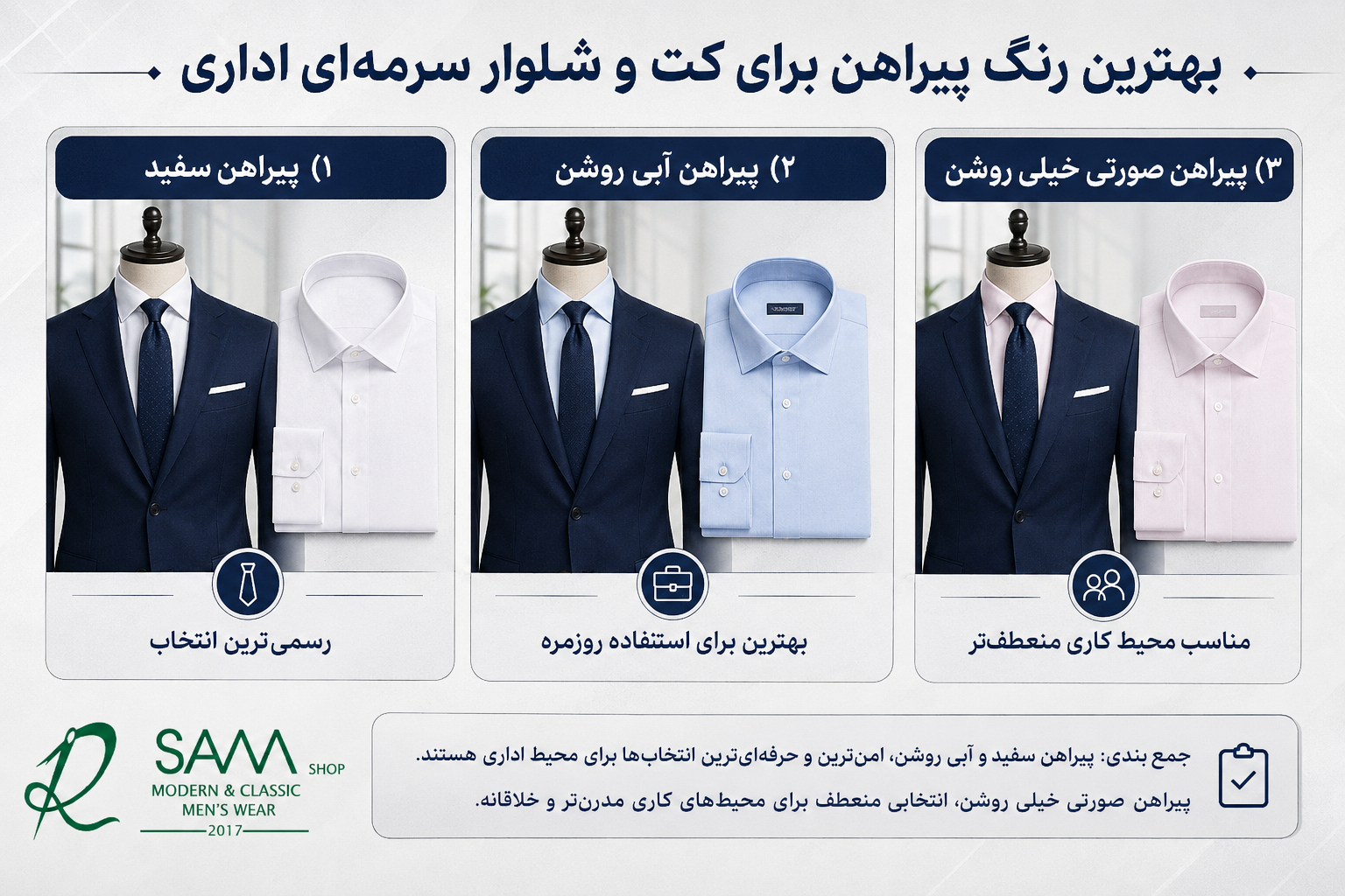 مقایسه بهترین رنگ پیراهن برای کت و شلوار سرمه‌ای اداری شامل سفید، آبی روشن و صورتی خیلی روشن