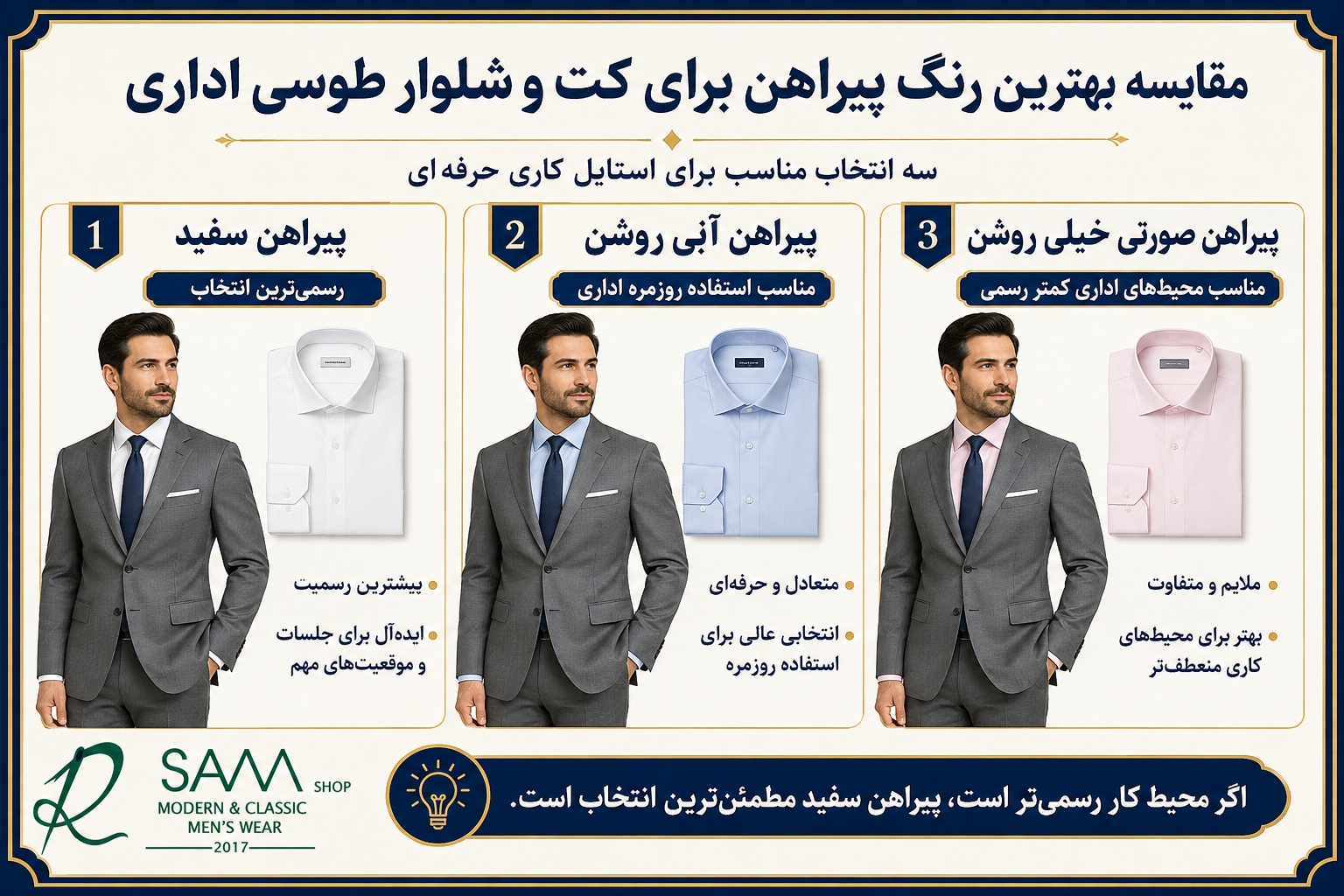 مقایسه بهترین رنگ پیراهن برای کت و شلوار طوسی اداری شامل سفید، آبی روشن و صورتی خیلی روشن