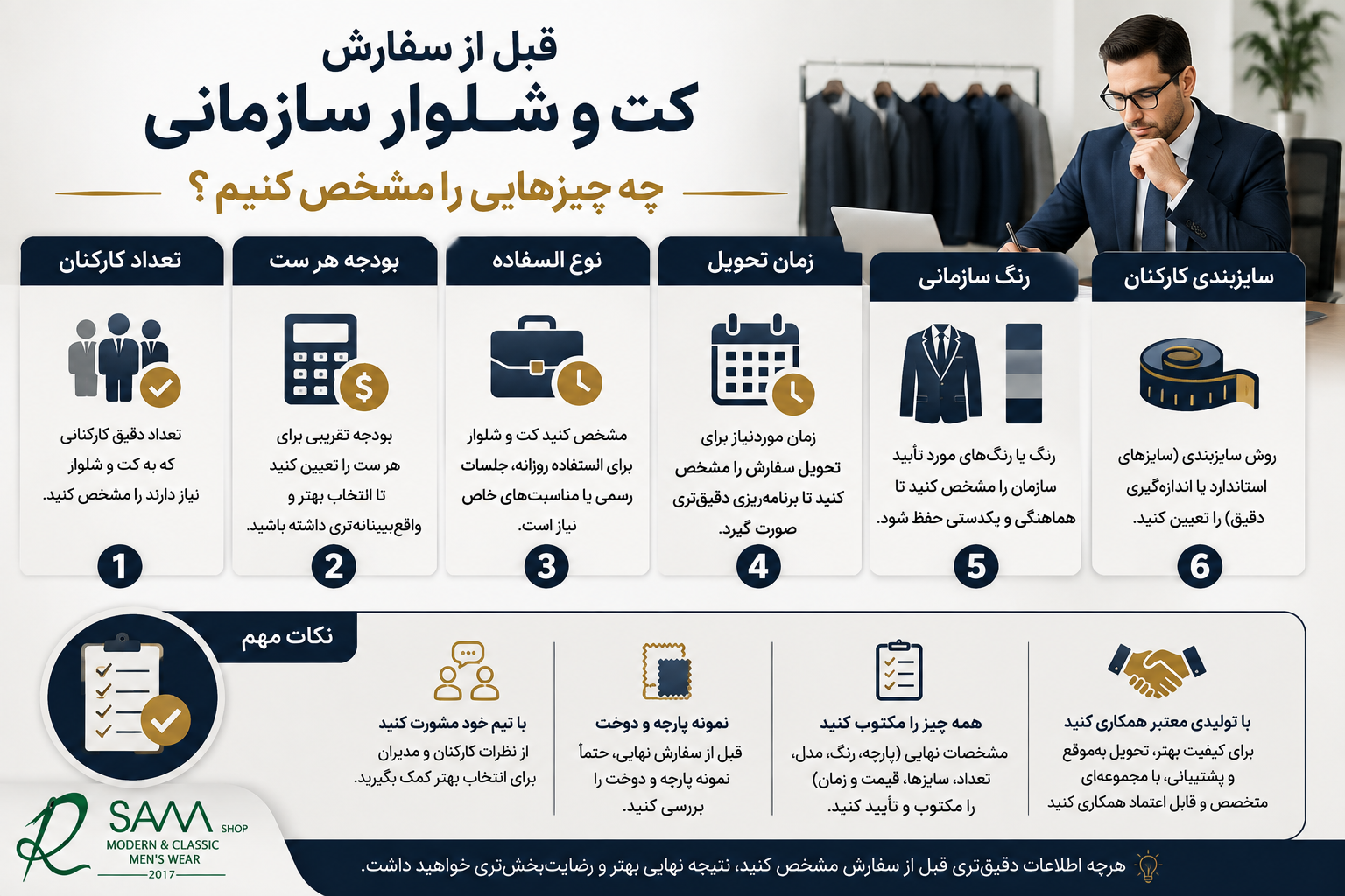 چک لیست قبل از سفارش کت و شلوار سازمانی شامل تعداد، بودجه، زمان تحویل، رنگ و سایزبندی