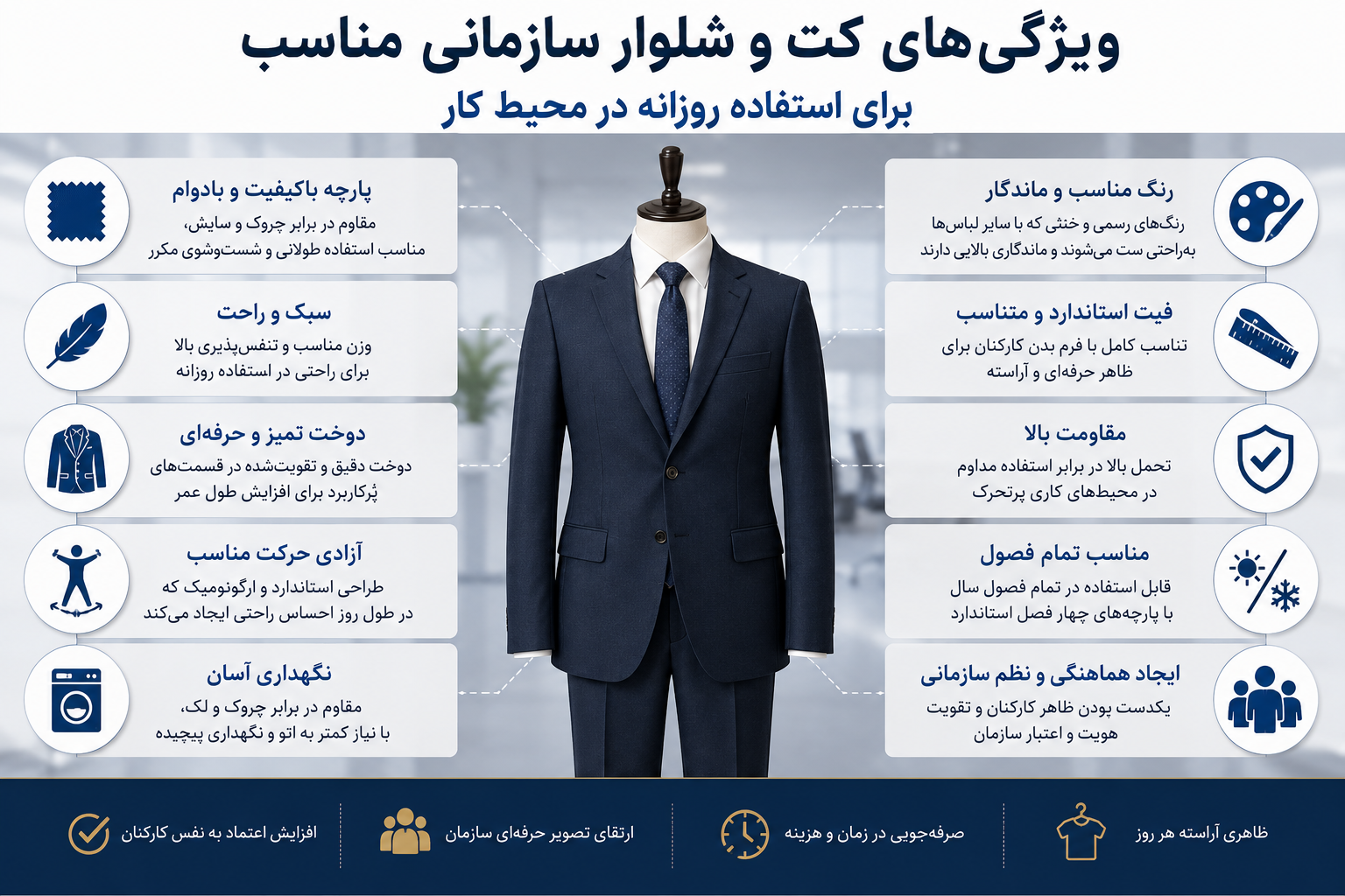 ویژگیهای کت و شلوار سازمانی مناسب شامل راحتی، دوام، فیت مناسب و ظاهر یکدست