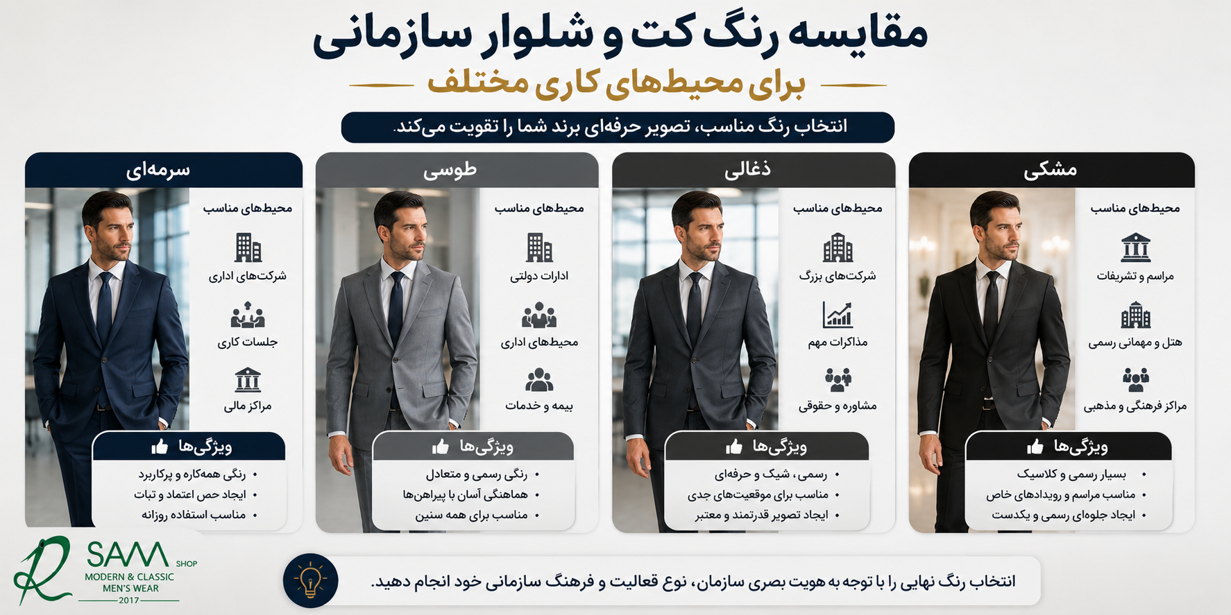 مقایسه کت و شلوار سازمانی سرمهای، طوسی، ذغالی و مشکی برای شرکتها