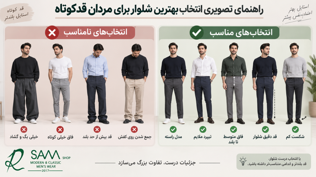 راهنمای تصویری شلوار برای مردان قدکوتاه با مقایسه مدل‌های مناسب و نامناسب