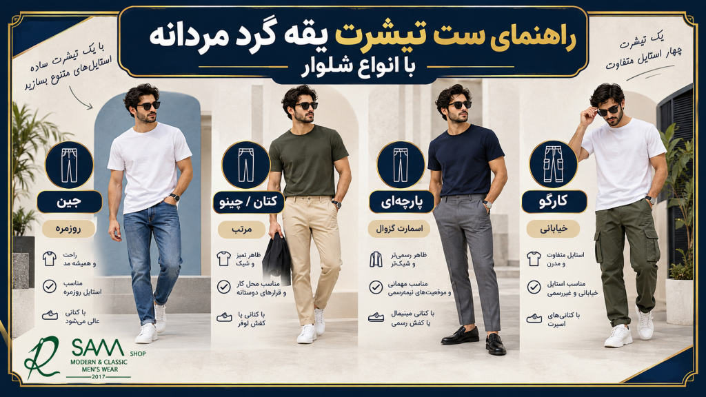 راهنمای تصویری ست تیشرت یقه گرد مردانه با شلوار جین، کتان، پارچه‌ای و کارگو