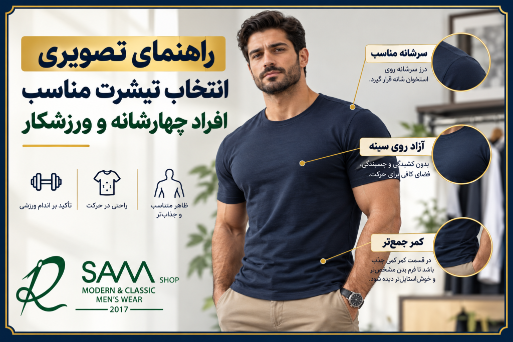تیشرت مناسب افراد چهارشانه و ورزشکار با فیت درست در شانه، سینه و کمر