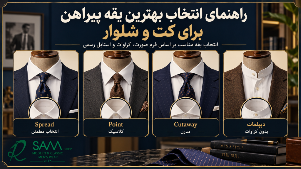 مقایسه بهترین یقه پیراهن مردانه برای کت و شلوار شامل اسپرد، پوینت، کات‌اوی و دیپلمات