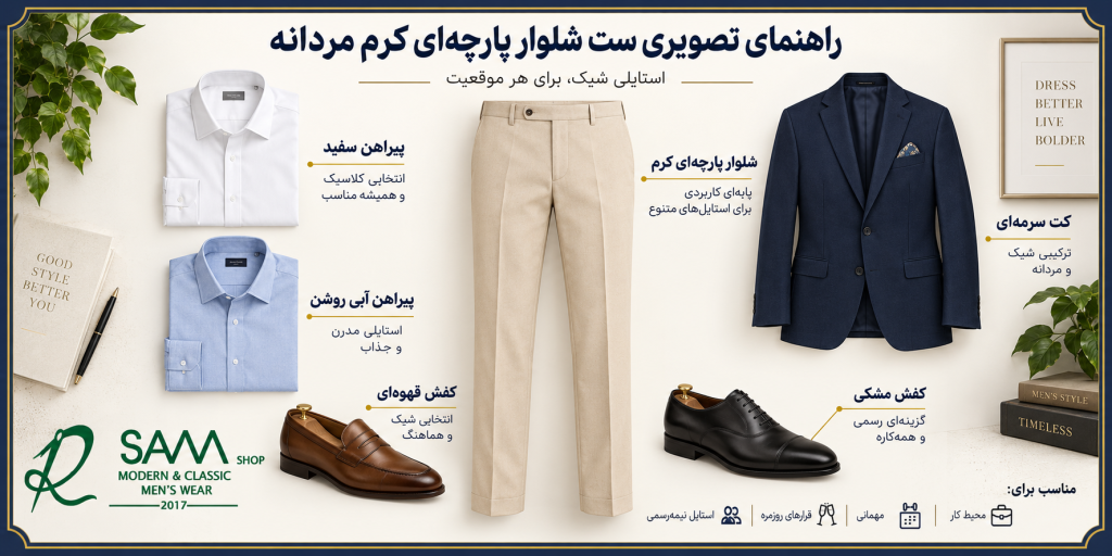 راهنمای ست شلوار پارچهای کرم مردانه با پیراهن، کت و کفش
