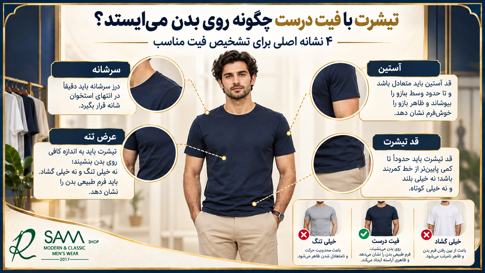 نحوه صحیح قرار گرفتن تیشرت مردانه روی شانه و بدن