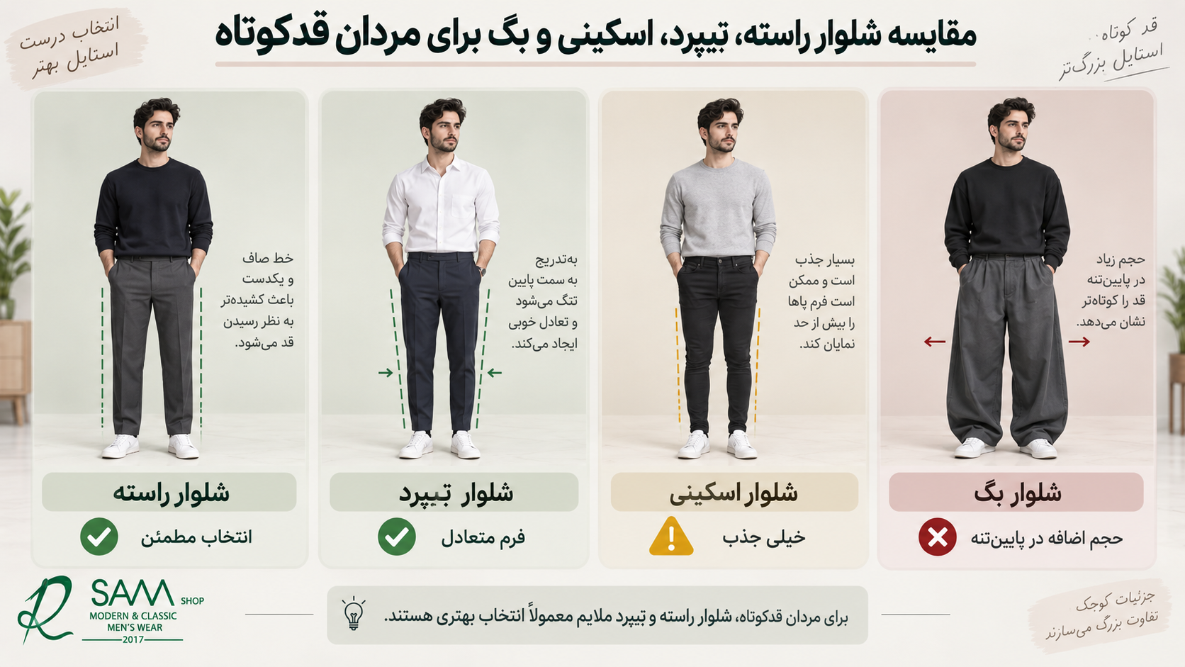 مقایسه شلوار راسته، Tapered، اسکینی و بگ برای مردان قدکوتاه