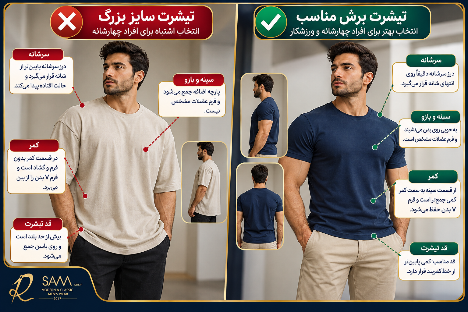 مقایسه تیشرت سایز بزرگ با تیشرت برش مناسب برای افراد چهارشانه