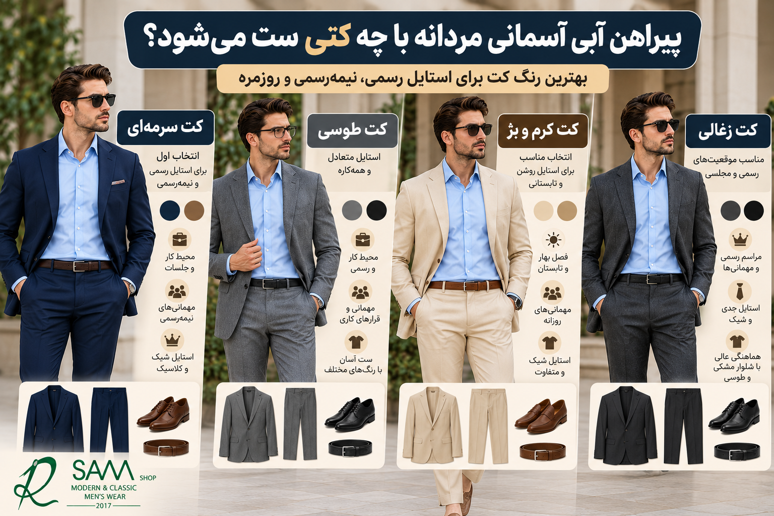 راهنمای تصویری ست پیراهن آبی آسمانی مردانه با کت سرمهای، طوسی و کرم
