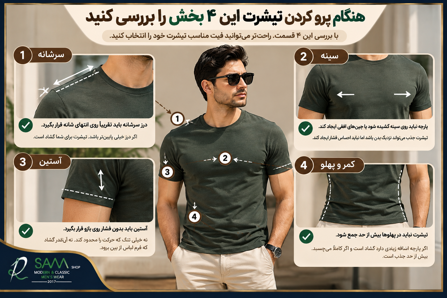 راهنمای بررسی سرشانه سینه آستین و کمر در انتخاب فیت تیشرت مردانه